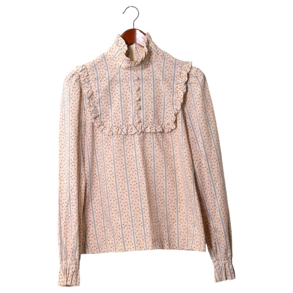 Vintage Oops Floral Print High Neck Peasant Blouse Ruffle Size Small 70s Cream
